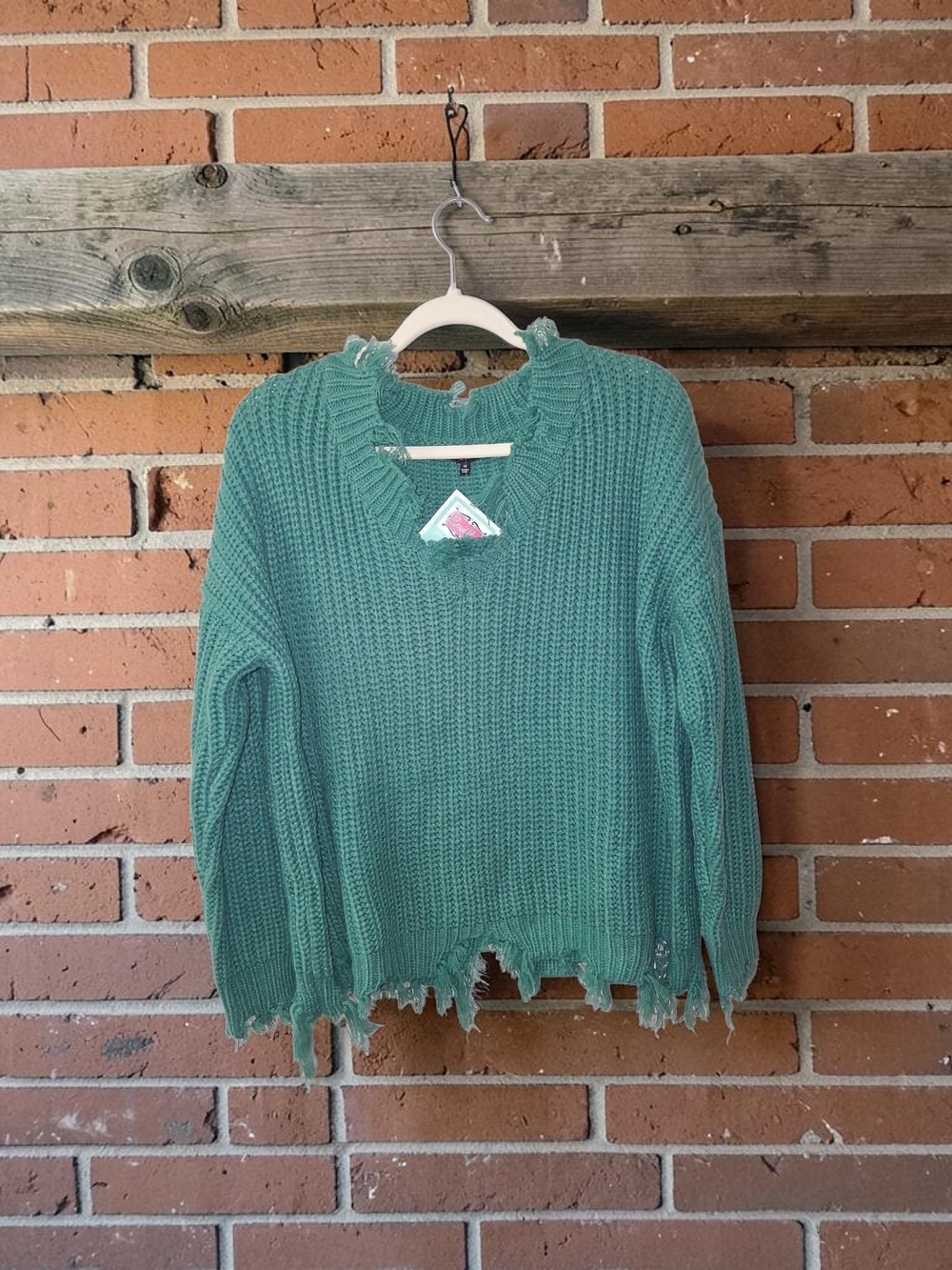 Staccato Seafoam Green Distressed Scoop Neck Sweater